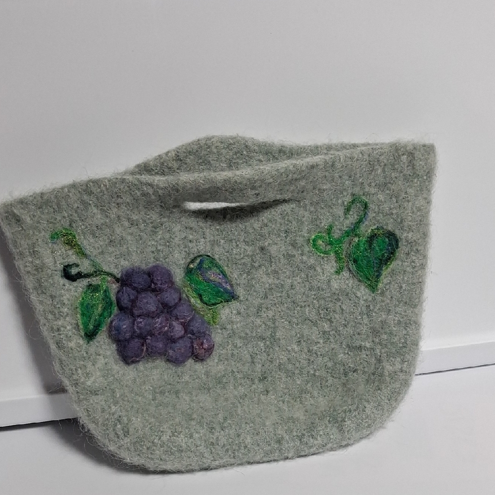 Handmade Gray Wool Felt Tote with Purple Grapes Motif
